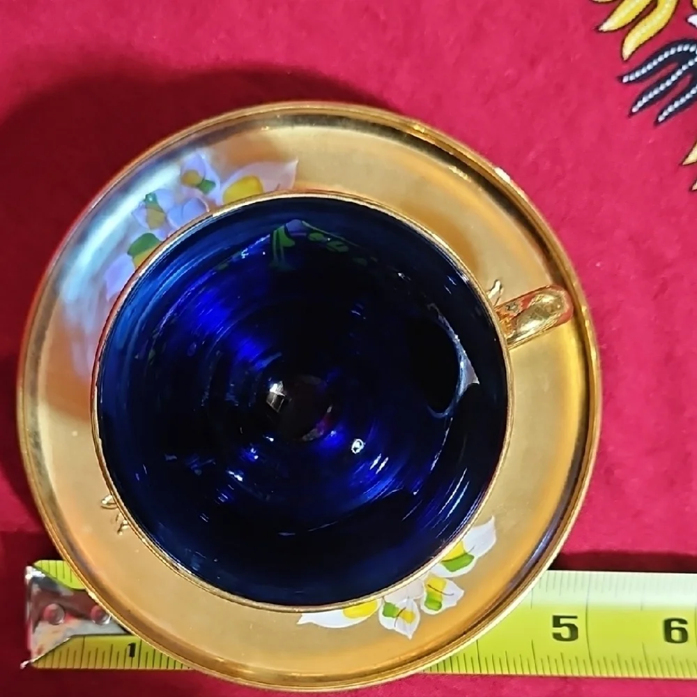 Vintage Venetian Art Glass High Enamel Cobalt Blue Gold Tea Cup Saucer Set of 2